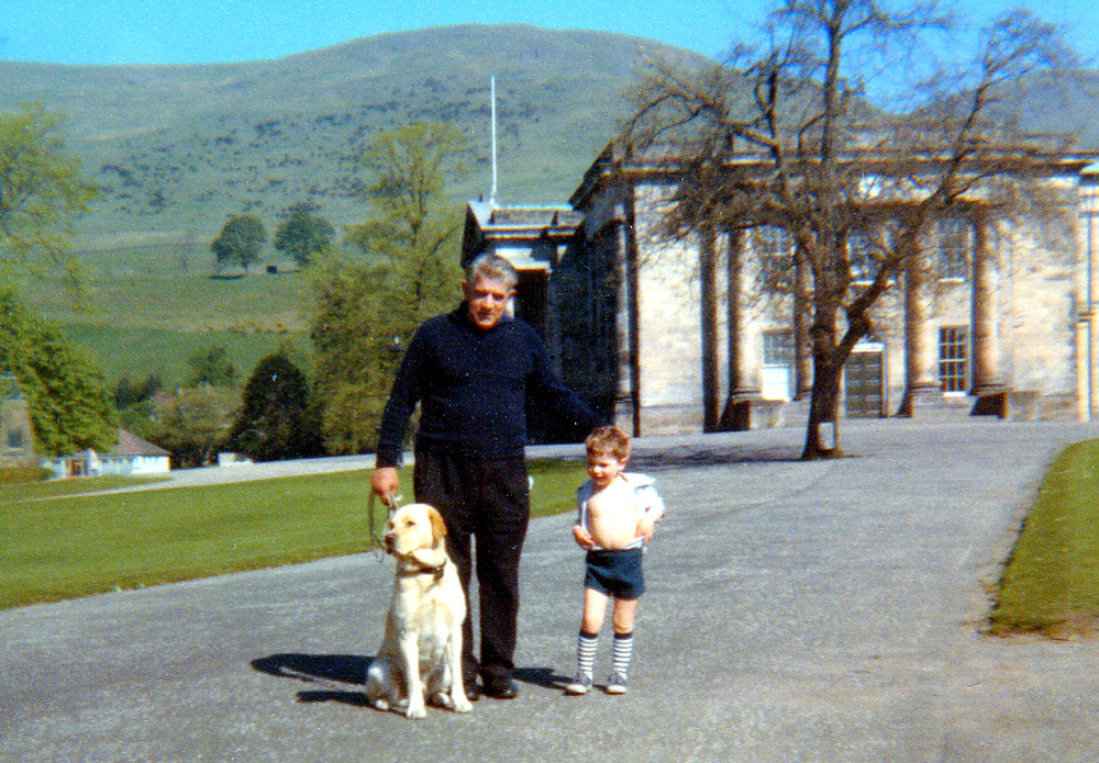 Alf with grandson donald and the rector's dog outside Dollar Academy